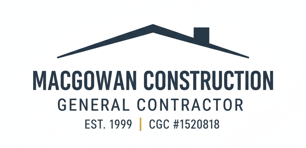 MacGowan Construction logo, General Contractor, Est. 1999, CGC #1520818